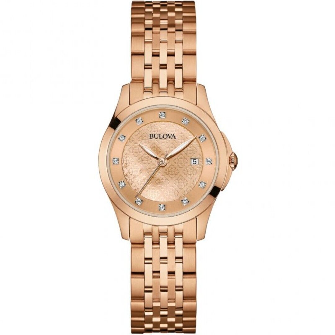 Bulova Donna Quadrante con Diamanti Oro Rosa Braccialetto Orologio 97S112