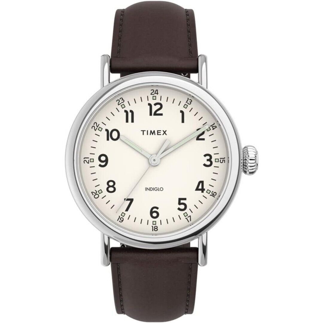 Timex Indiglo Standard Crema Quadrante 40mm pelle Marrone Cinturino Orologio