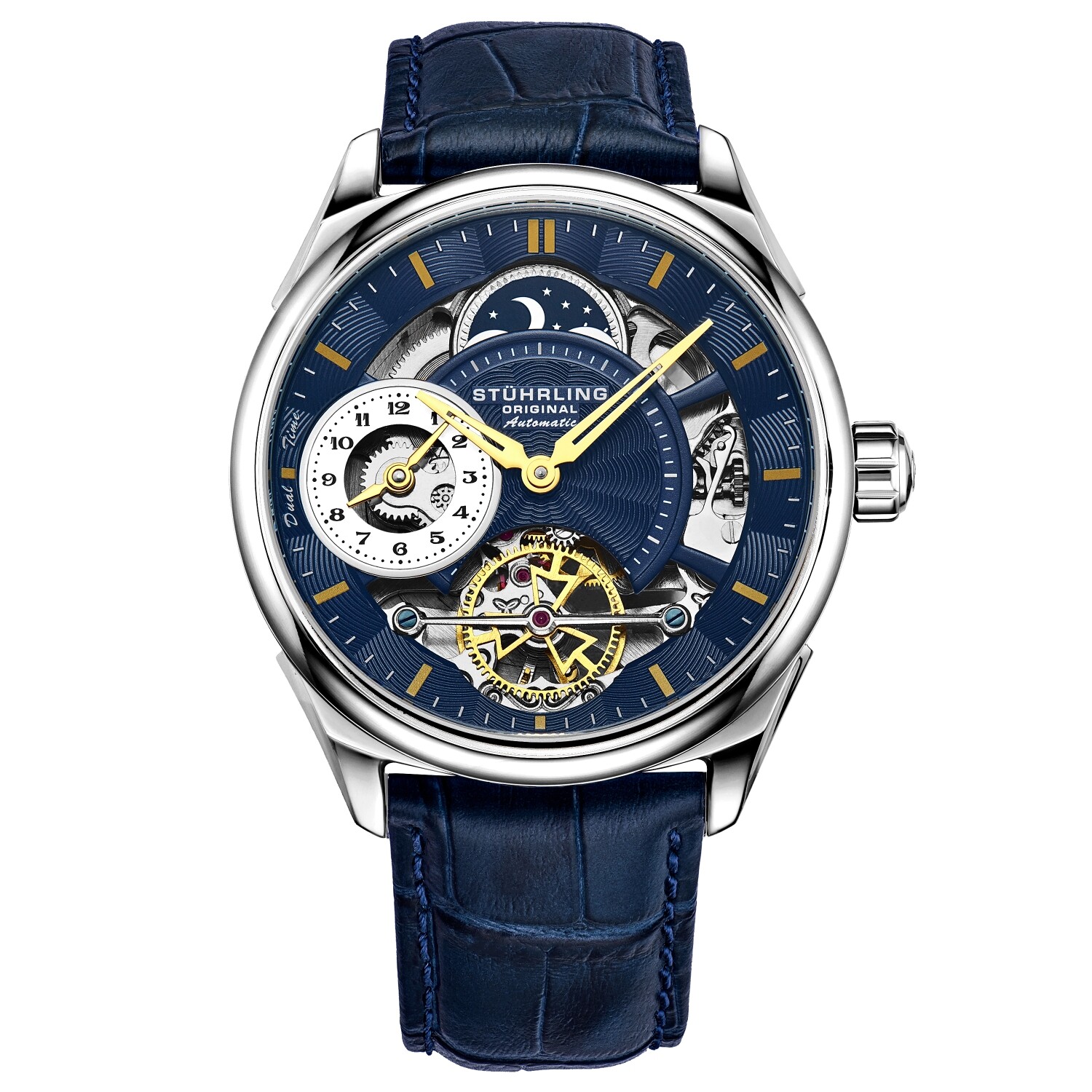 Stuhrling 943A 02 Dual Time Am Pm Automatico Skeleton Blu Pelle Orologio da Uomo