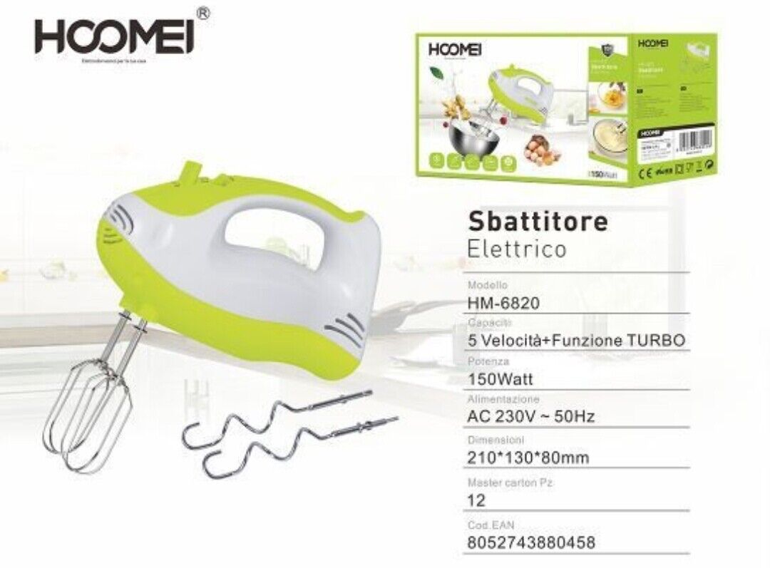SBATTITORE ELETTRICO FRULLATORE IMPASTATORE 5 VELOCITA' 150 WATT HOOMEI HM-6820