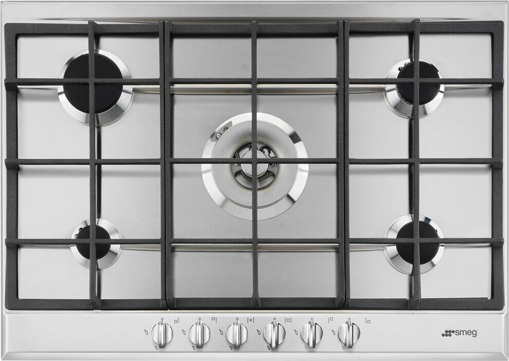 Piano Cottura 5 Fuochi Smeg a Gas 1 Wok Doppia Corona 73 cm Incasso Inox P272XGH