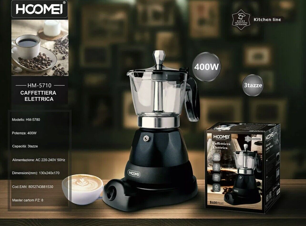 Caffettiera Elettrica Moka 400W Macchina per Caffè Macinato per 3 Tazze HM-5710