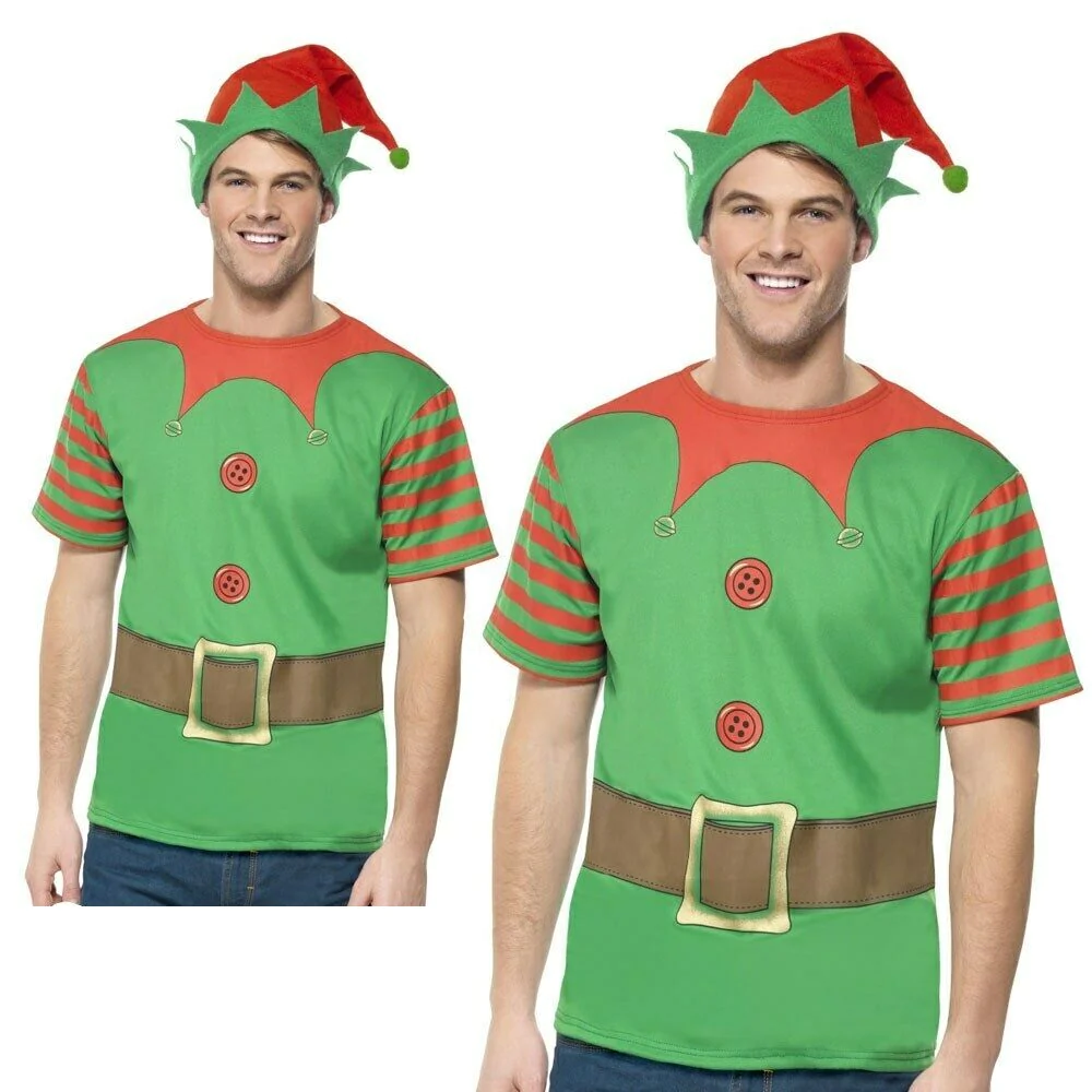 Elfo di Natale T Camicia Costume Natale Festa Adulti Top Elfi + Cappello