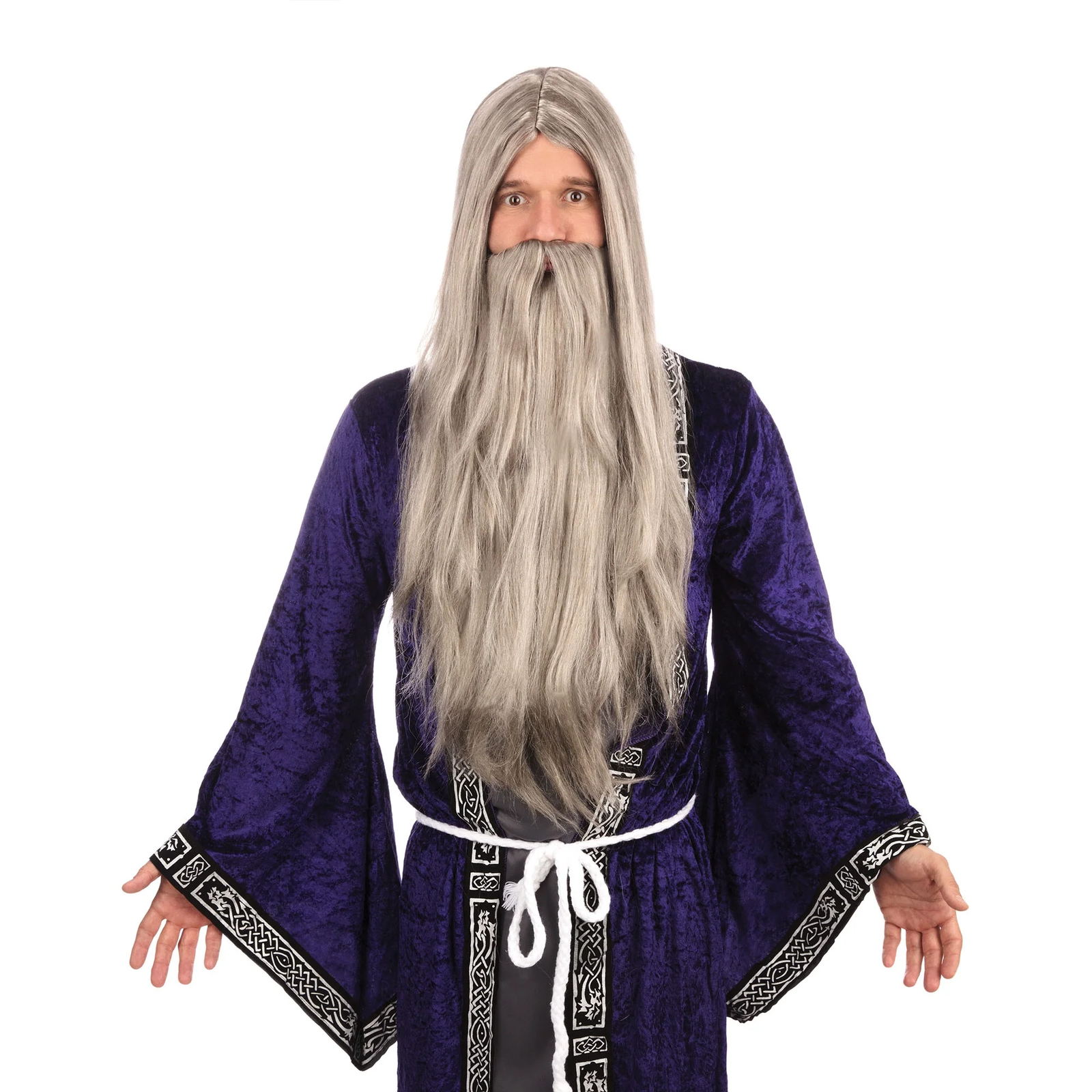 Mago Gandalf Silente Merlino Costume Grigio Lungo Parrucca E Barba Set