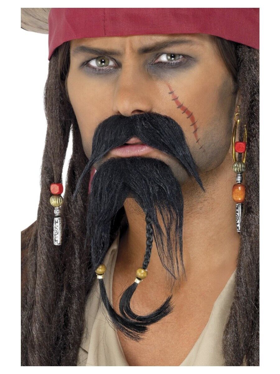 Uomo Costume Caraibi Pirata Baffi & Barba Bierd Jack Sparrow Nuovo da Smiffys