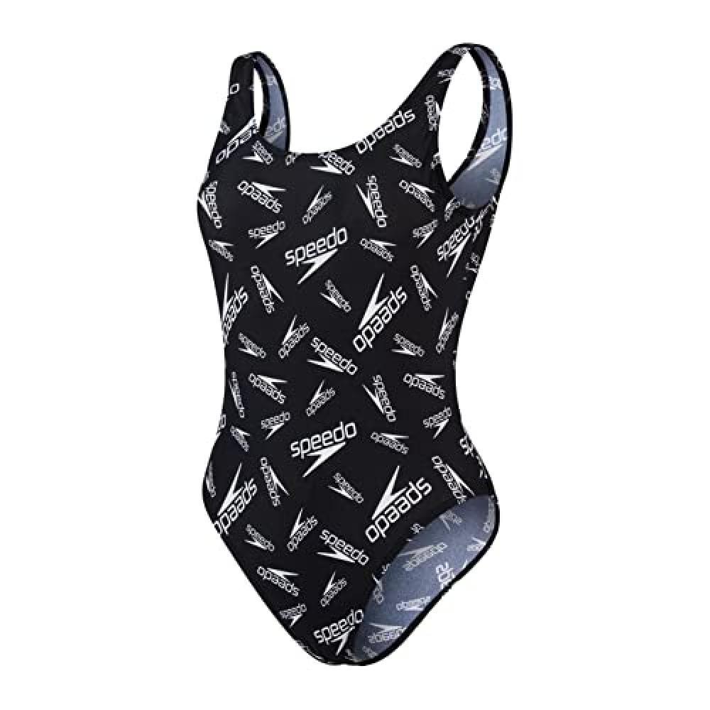 (TG. 32 (UK 10)) Speedo Allover Deep U-Back 1 Piece, Swimsuit Donna, Black/White