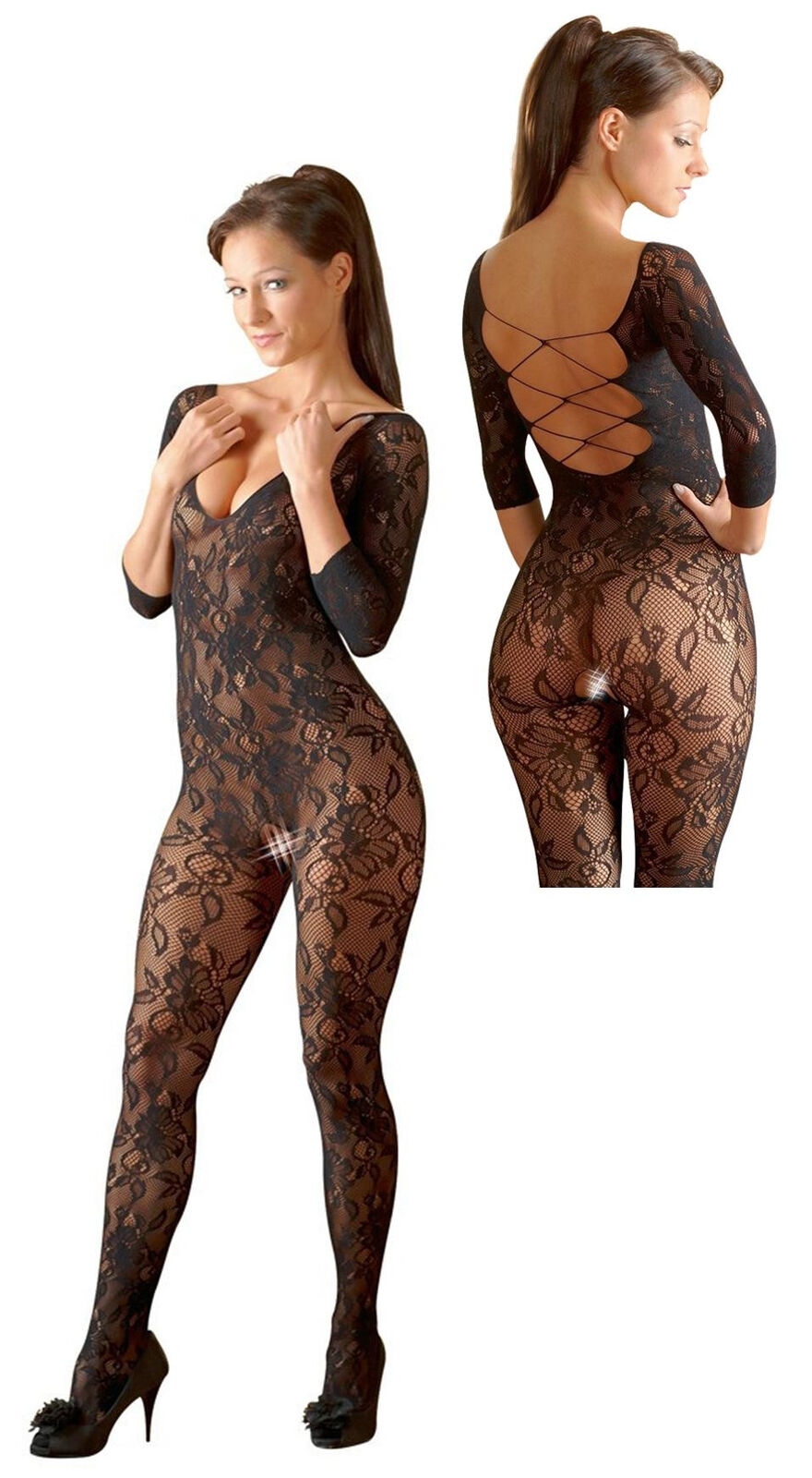 Tutina erotica donna  a manica lunga sexy catsuit fishnetintimo aperto rete nero
