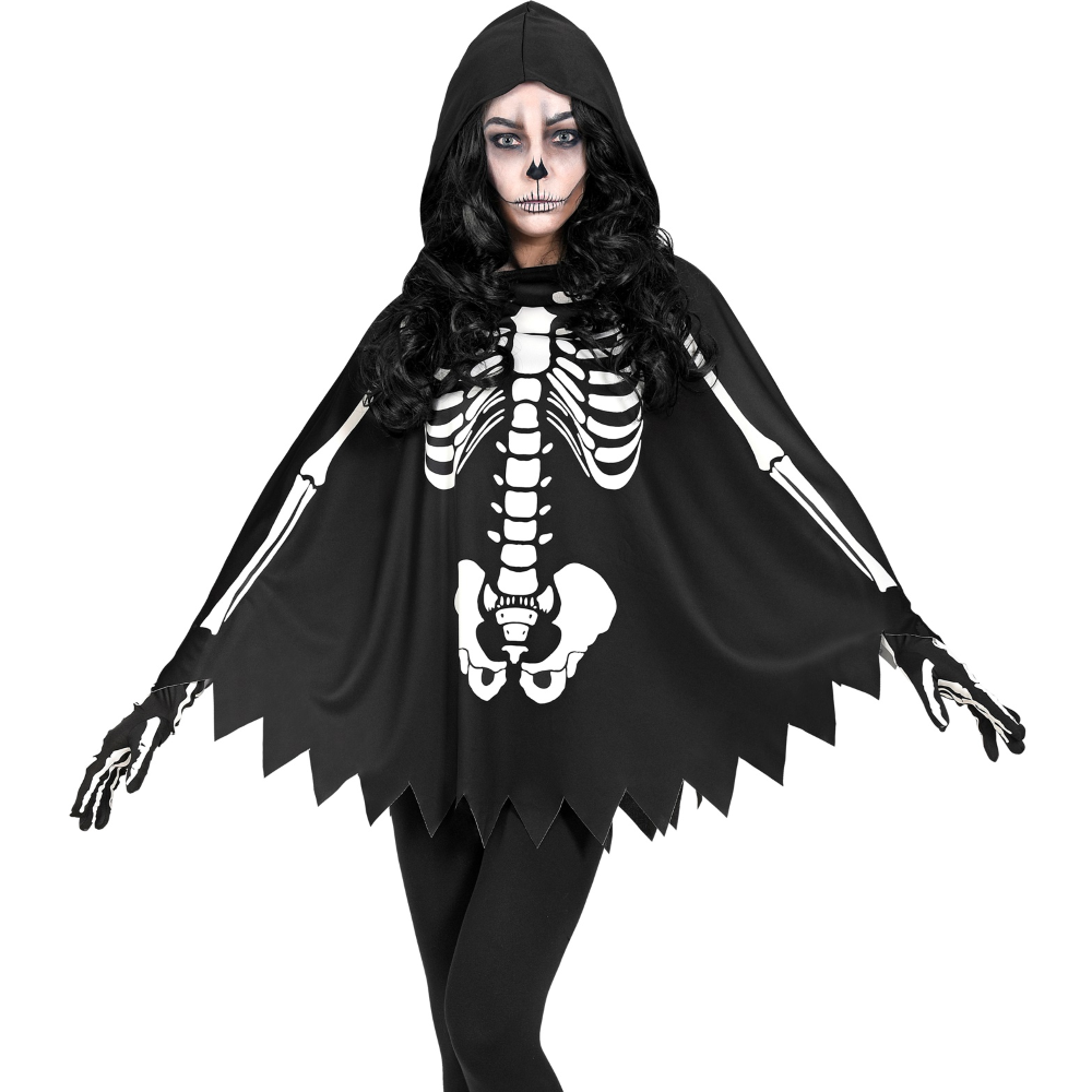 COSTUME DA SCHELETRO TRAVESTIMENTO PER ADULTI PONCHO CON CAPPUCCIO HALLOWEEN