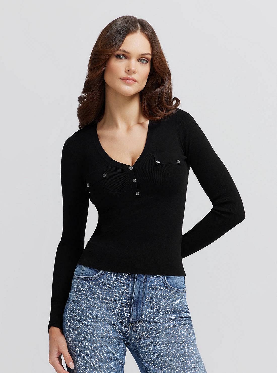 Guess Flavie Henley Sweater - Maglia Scollo A V Nero - Taglia M Abbigliamento