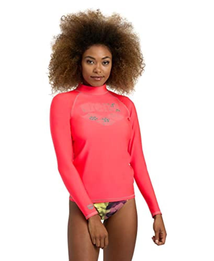 (TG. L) Arena Women's Rash Vest L/S Graphic Guard Shirt, Fluo Red-Jade - NUOVO
