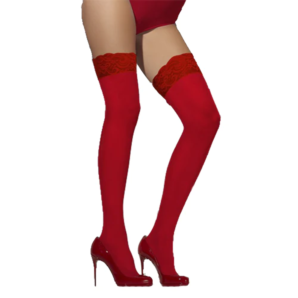 Rosso Trasparente Autoreggenti con Silicone Top Pizzo Sexy Intimo Costume