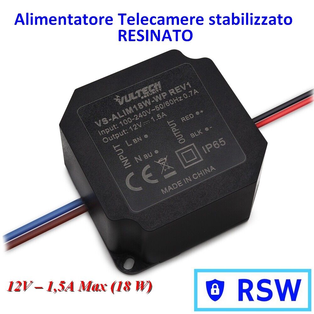 Alimentatore stabilizzato per esterno 12 v 1,5 A 18 W Resinato IP 66  telecamere