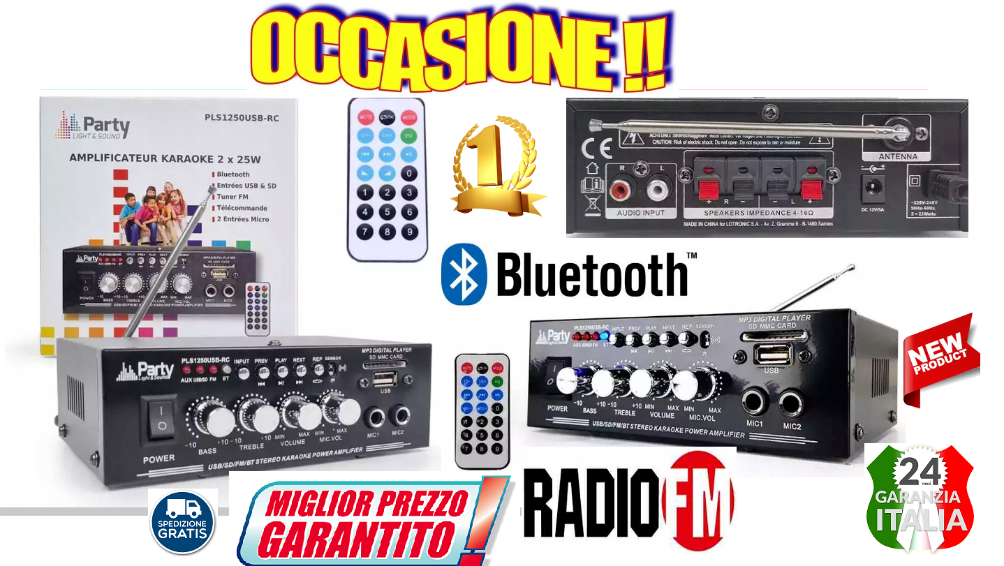 AMPLIFICATORE SLIM COMPATTO  50 WATT MAX USB BLUETOOTH RADIO FM KARAOKE