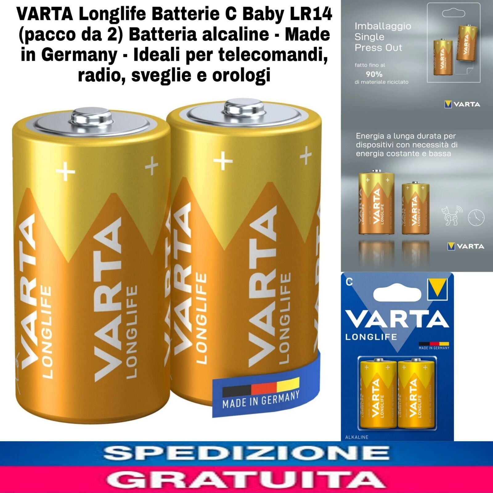 VARTA Longlife Batterie alcaline C Baby LR14 (pacco da 2) - Made in Germania