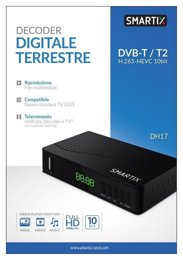 RICEVITORE DECODER DIGITALE TERRESTRE TV TELEVISORE DVBT/DVBT2 HD MPEG-4/H.264