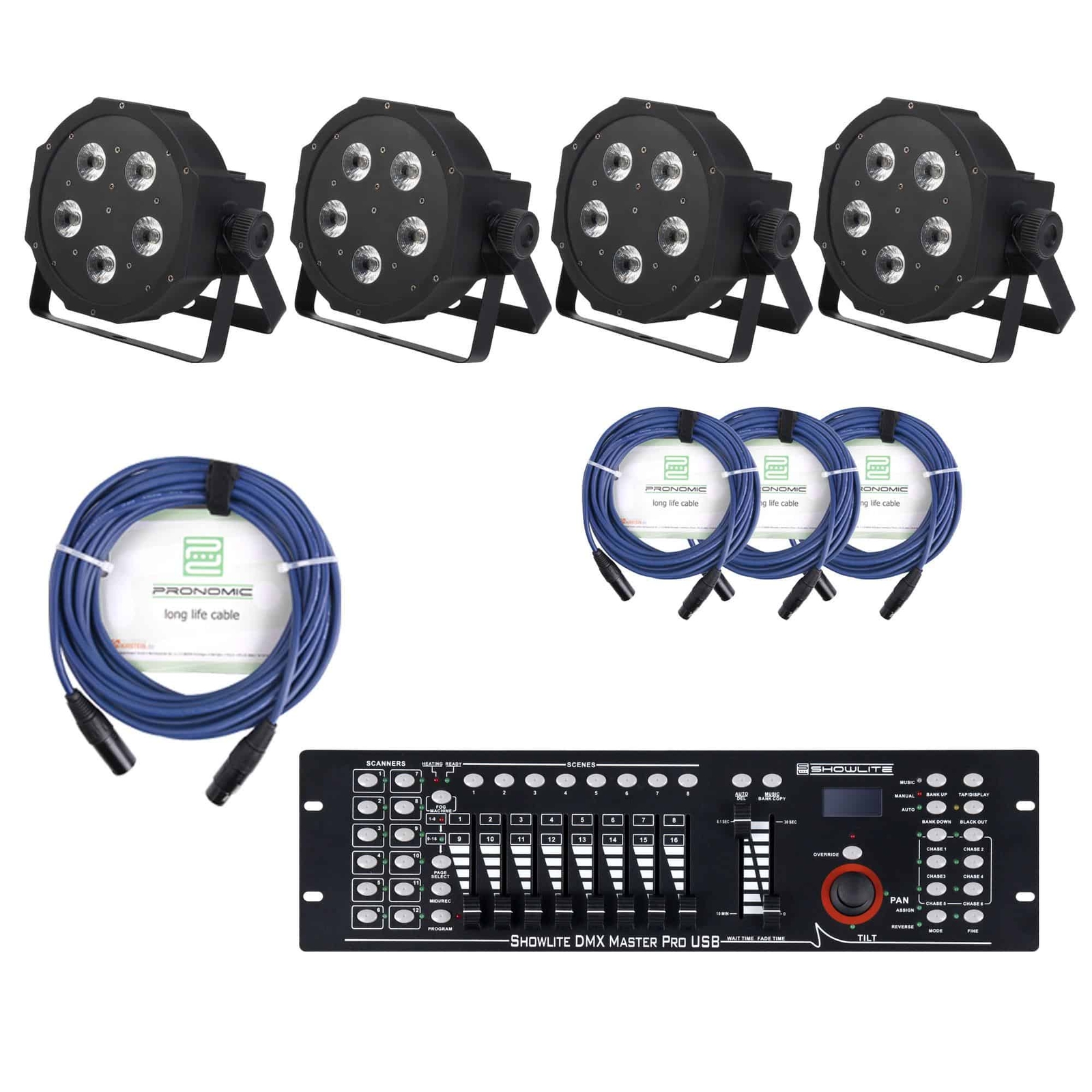 4x PAR LED Faro RGBW 5x9W LED Strobo Wash Programmabile Set Cavi DMX e USB Mixer