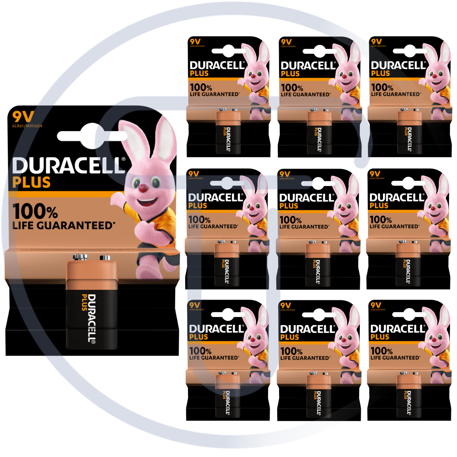 Confezione di 10 blister da 1 pila alcalina 9V Duracell "Plus" - 9V 6LR61 MN1604