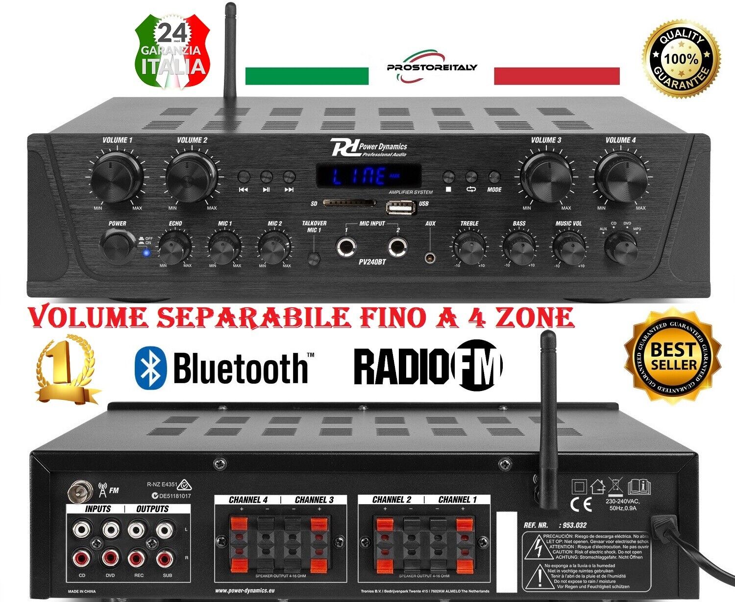 AMPLIFICATORE AUDIO FILODIFFUSIONE 400 WATT REGOLAZIONI VOLUME 4 ZONE SEPARATE
