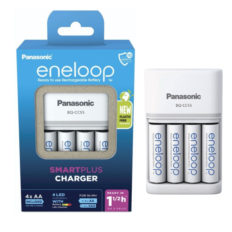 Panasonic Eneloop Smartplus Charger BQ-CC55 Ricaricabile + 4 Aa Nimh Batterie
