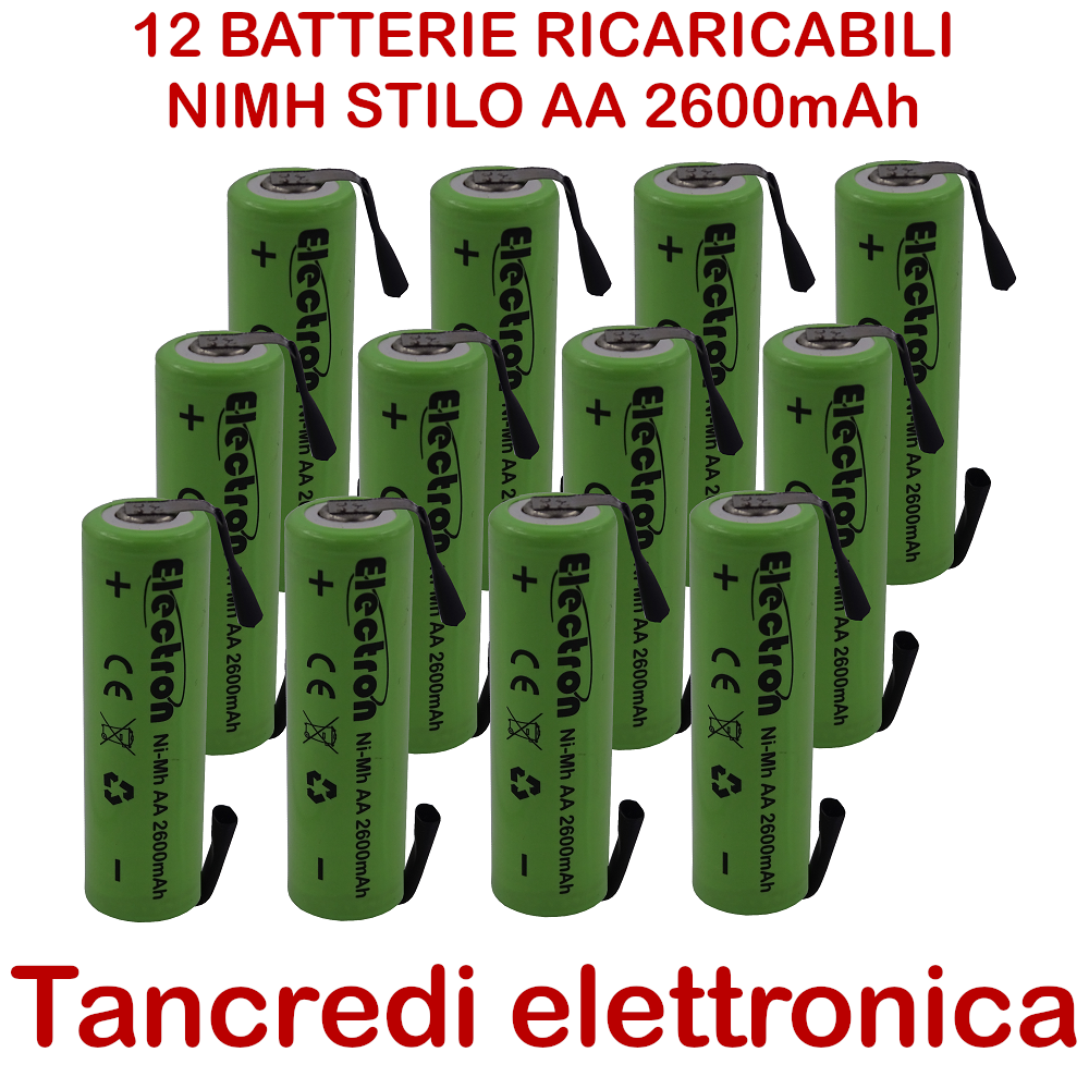 12 Pila Batteria ricaricabile Ni-Mh stilo 1,2V 2600mAh terminali lamelle saldare