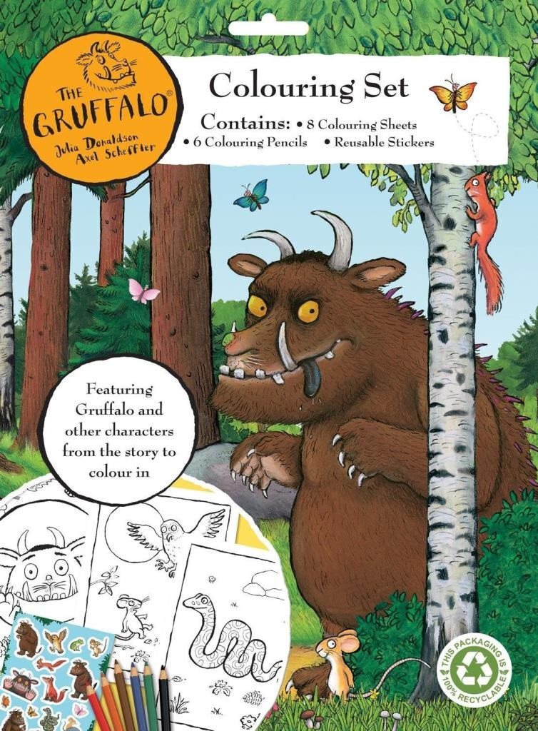 Il Gruffalo Colouring Set 8 Immagini Alla Matite Colorate & Adesivi Attività