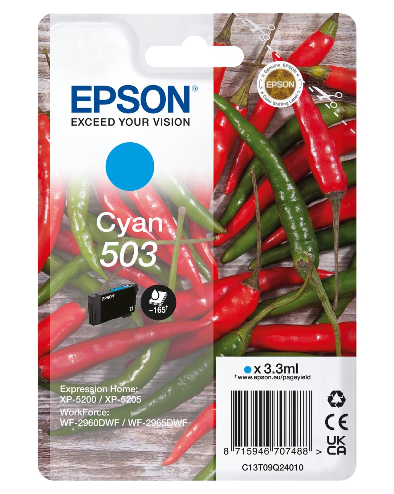 Epson Chillies 503 Cyan Standard Capacity Ink Cartridge 3.3 - C13T0. TONER NUOVO