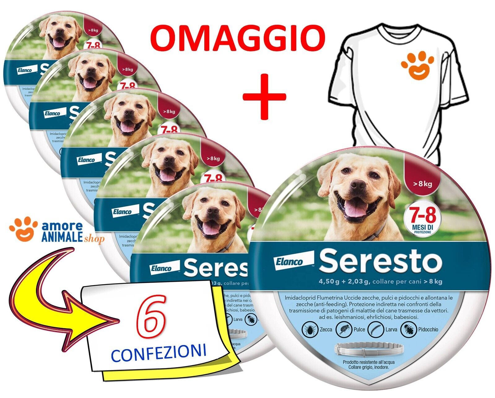 6 COLLARI - SERESTO Elanco - Collare Antiparassitario per Cani Sopra Oltre 8 kg