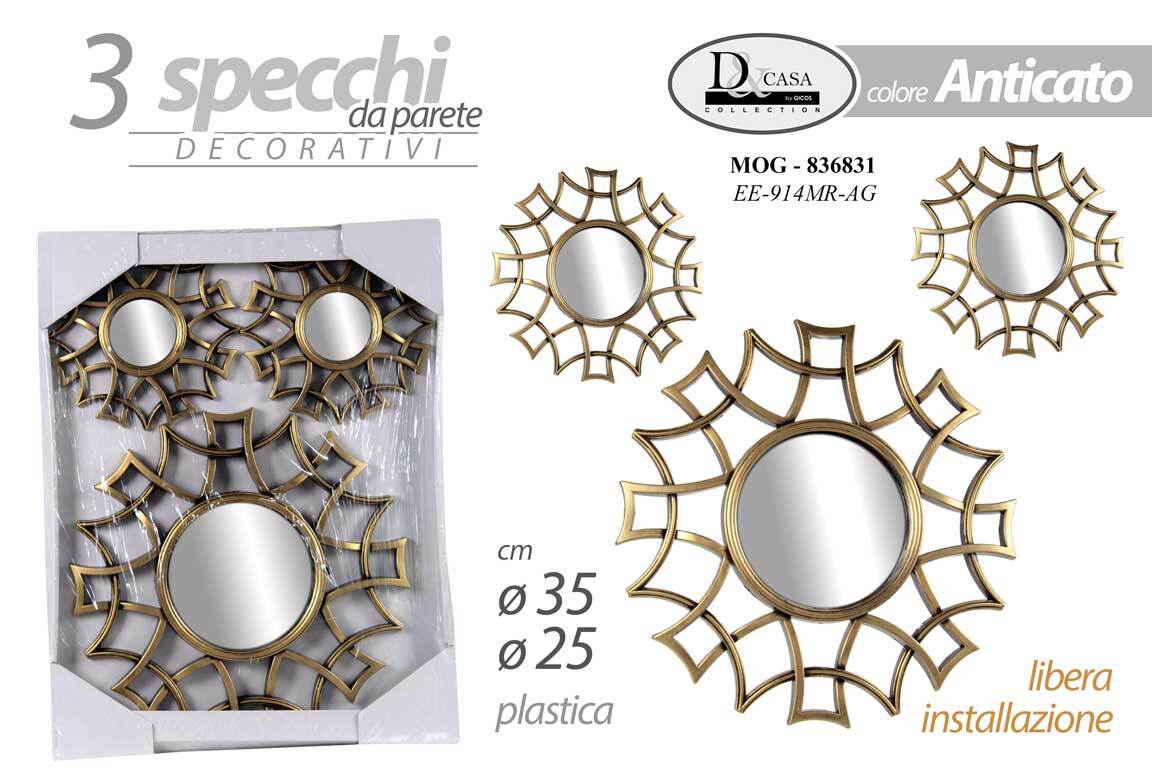 SET 3 SPECCHI PARETE DECORATIVI ORO ANTICA SPECCHIO LIBERA INSTALLAZIONE 20-35cm