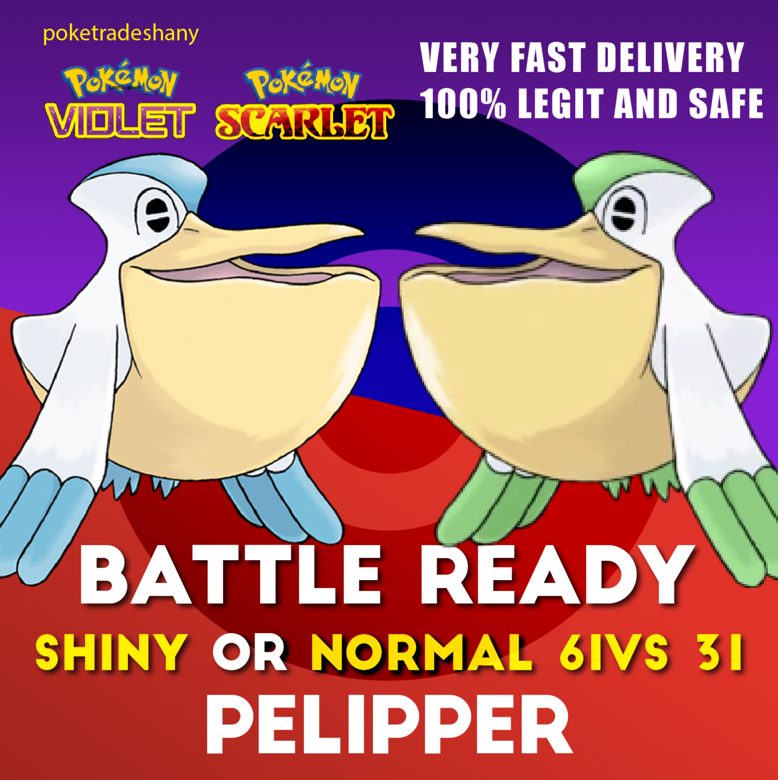 Pokemon Violet Scarlet SHINY PELIPPER BATTLE READY 6IV 31✨ 100% LEGIT✨