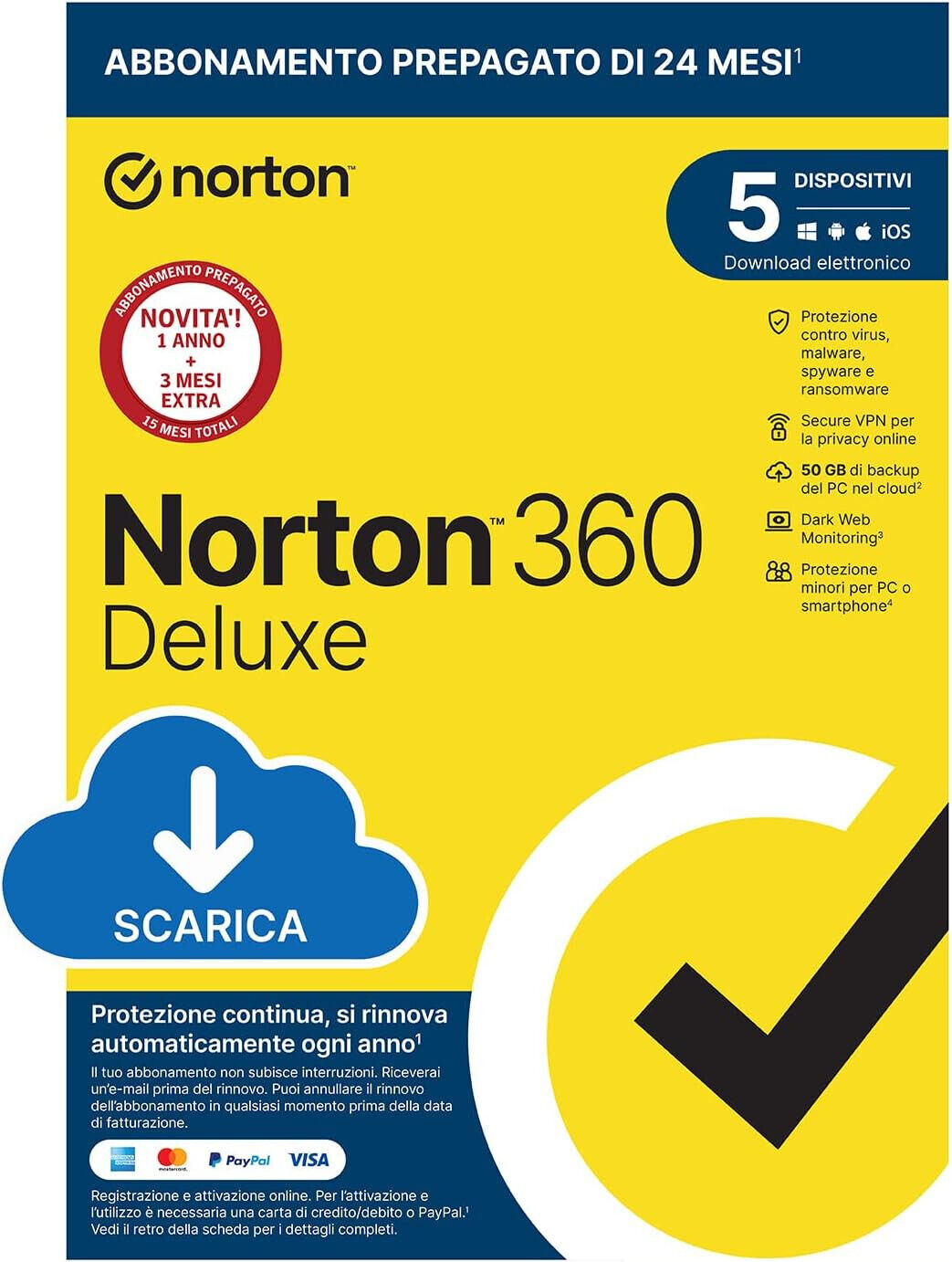 NORTON 360 Deluxe 2024 5 PC 1 Anno |Win, Mac, Android, iOS| Internet Security IT