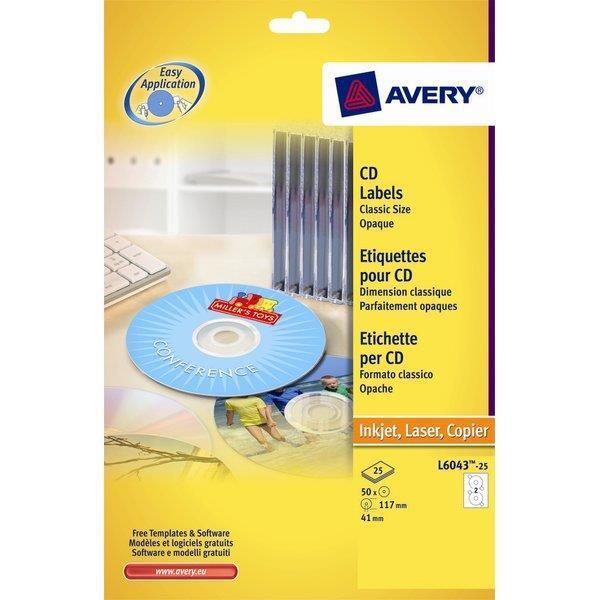 Etichette per CD AVERY foro largo bianche Ø117 mm 25 fogli - L6043-25