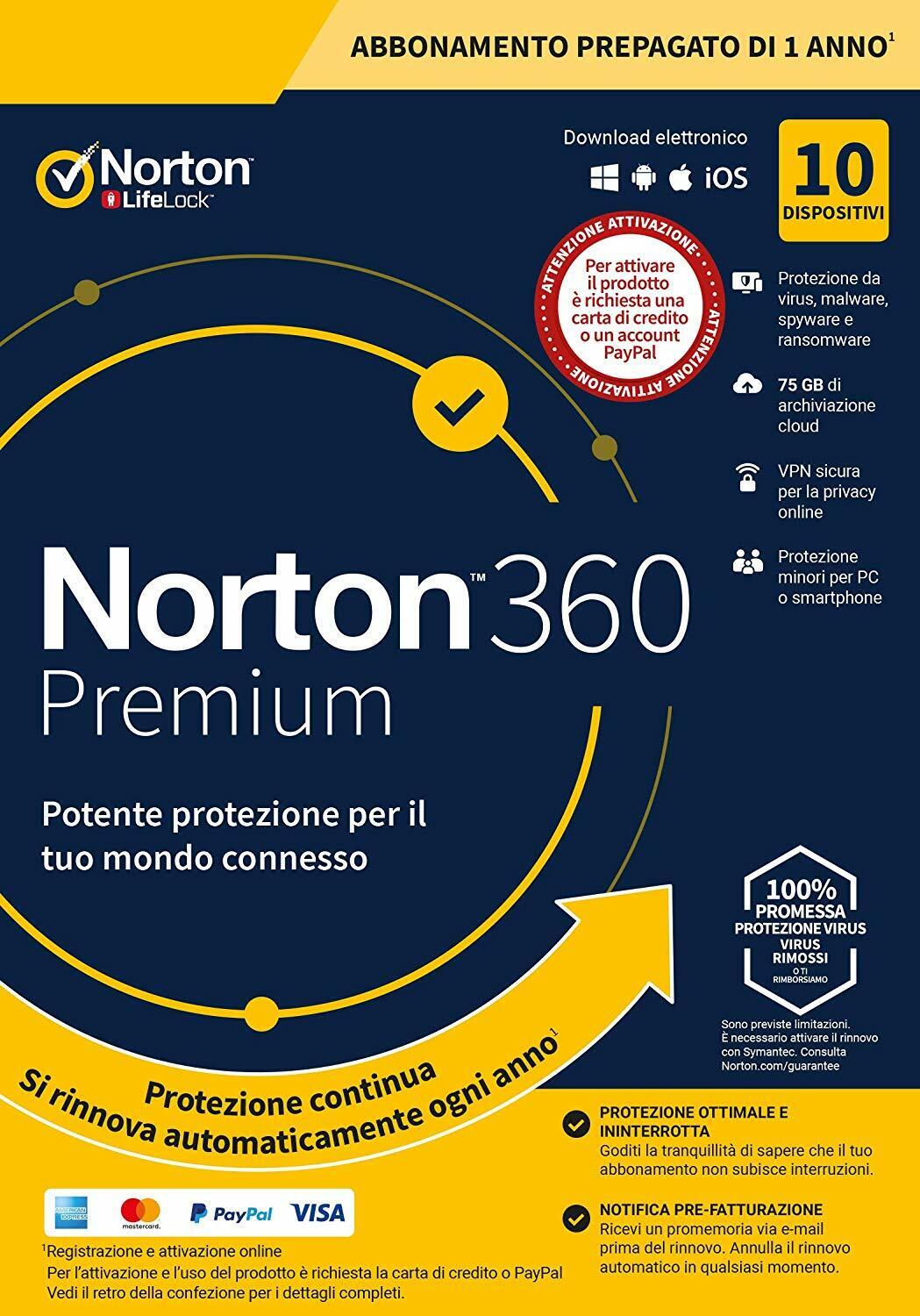 Norton 360 Premium 2024 10 dispositivi 10 PC MAC 75 GB Internet Security 2023