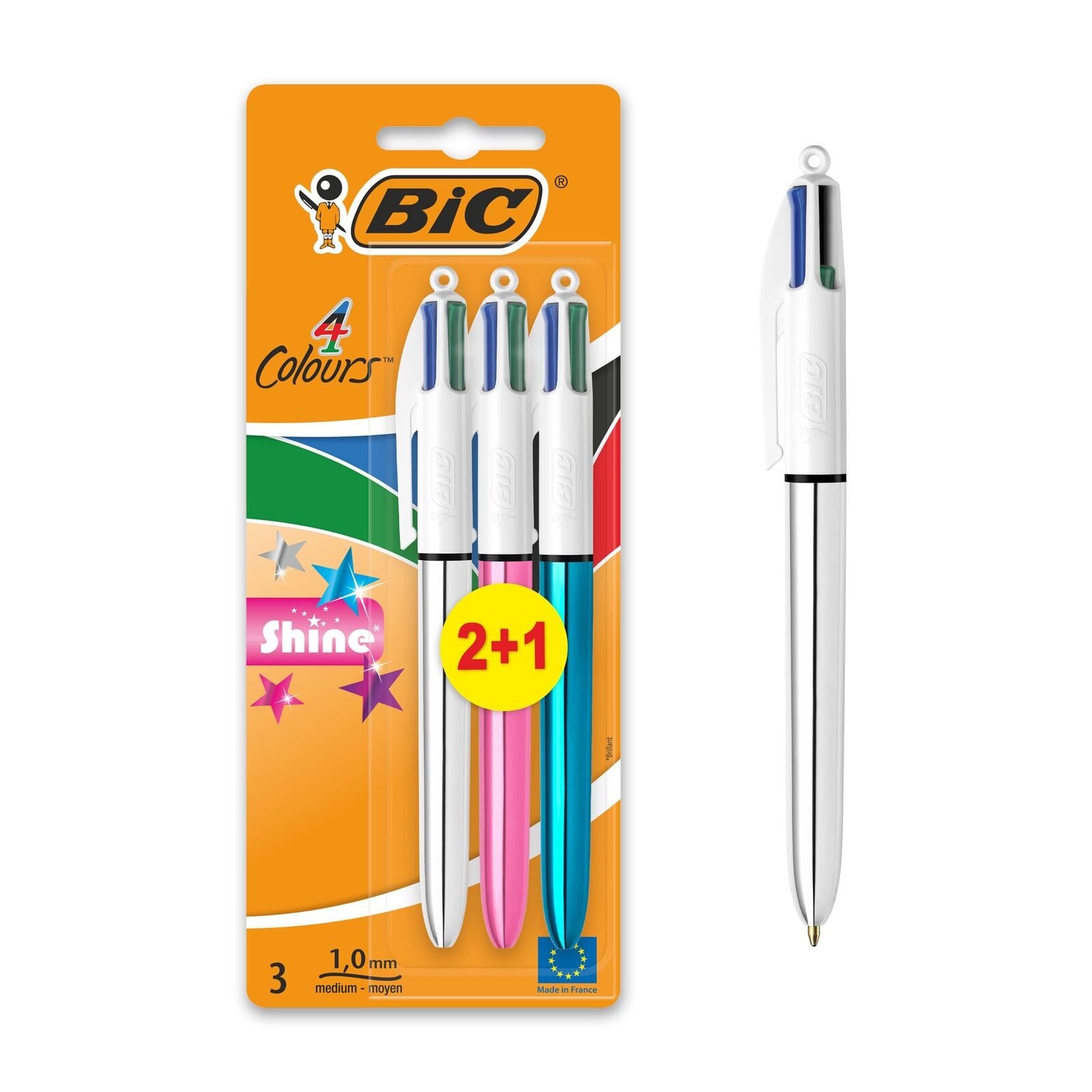 BIC 4 Colours Shine Pens, Multicoloured Pen, Retractable Ballpoint Pens, Biro Pe