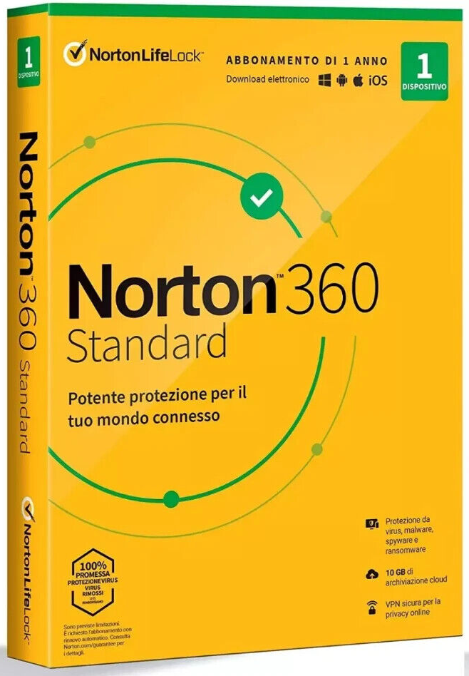 Norton 360 standard LifeLock antivirus Box abbonamento licenza 1 anno cloud Vpn