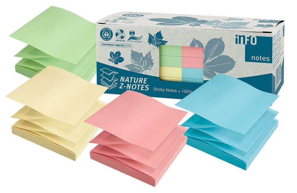 inFO Notes 100% Recycling Haftnotizen, pastellmix, zertifiziert mit dem Blauen E