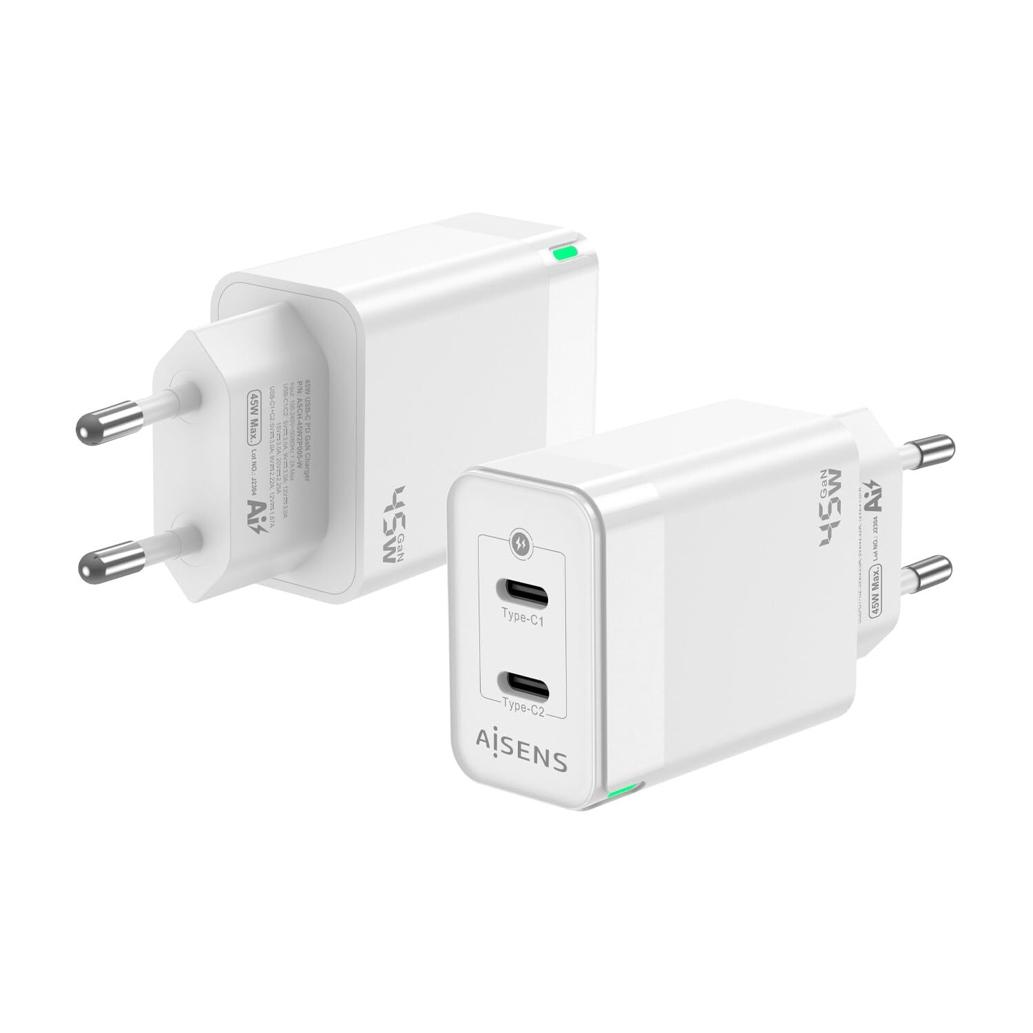 AISENS GAN CHARGER 45W 2XUSB-C PD3.0 QC4.0 WHITE