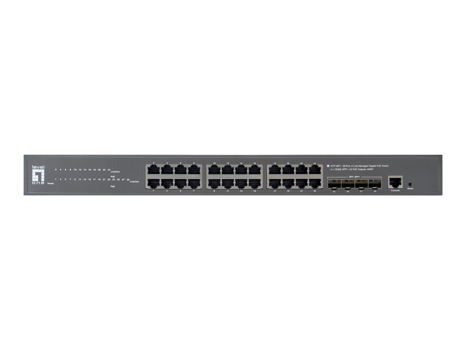 LevelOne Switch 24x GE GTP-2871 4x10GSFP+19" 400W 24xPoE+ Interruttore GTP-2871