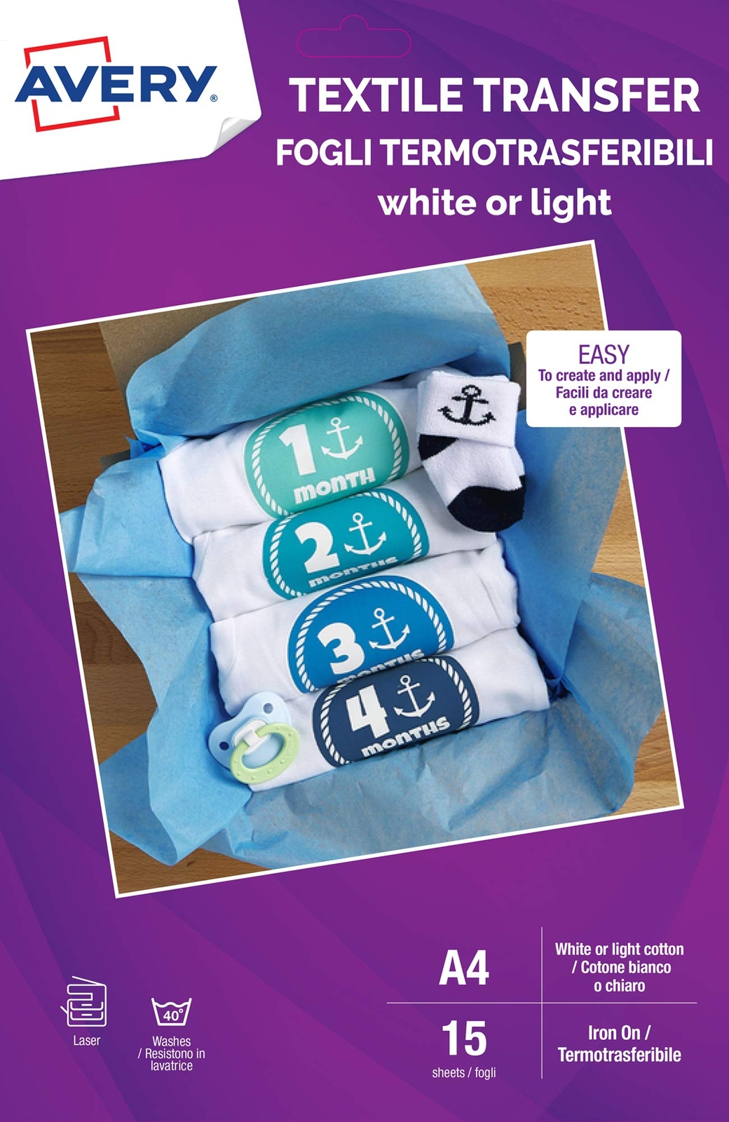 Avery UK Textile Transfer Paper for Light Cottons, Laser Printers,1 Printable Fa