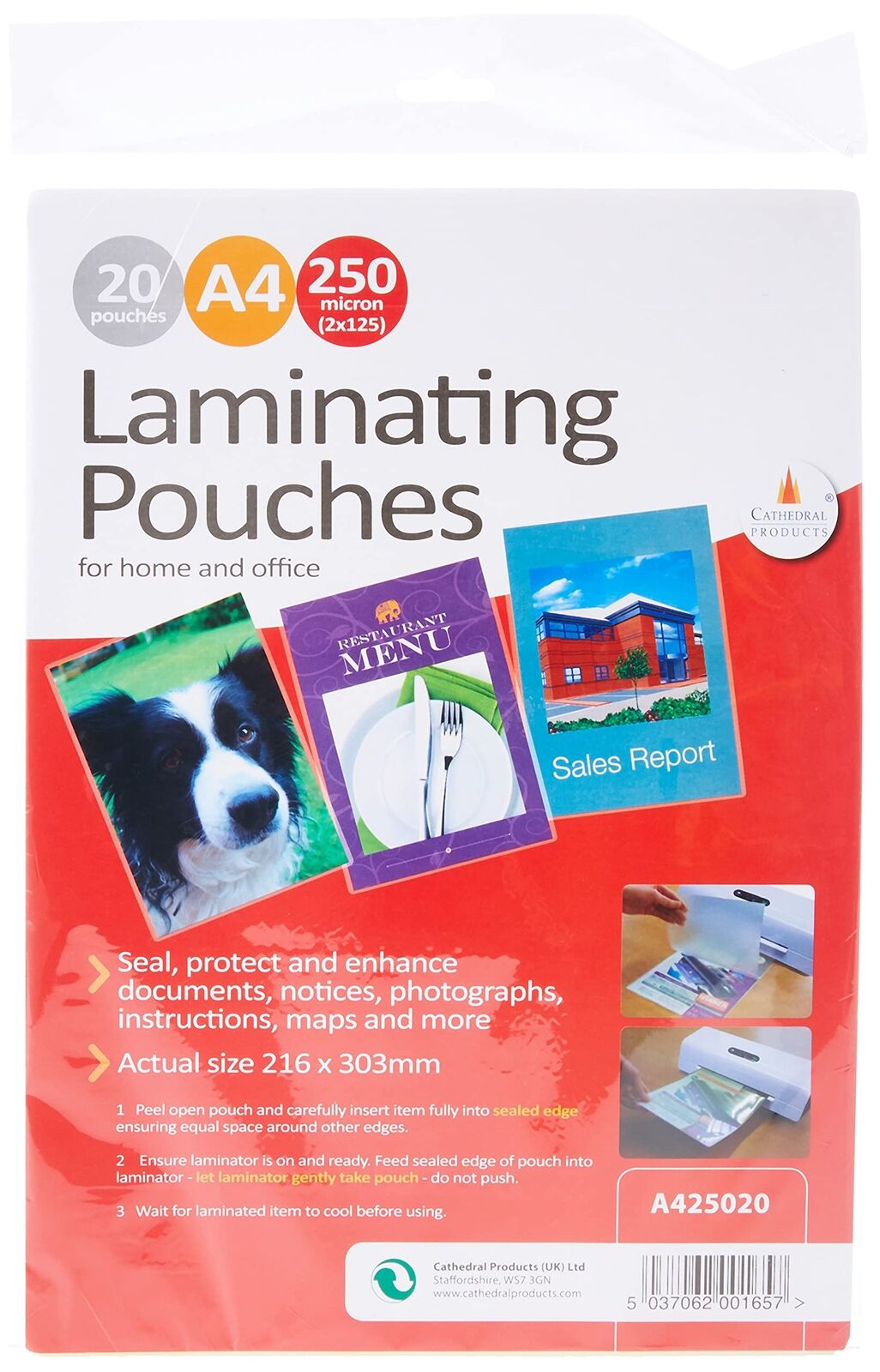Cathedral Laminating Pouches, 250 Micron A4, 20 Pouches A425020