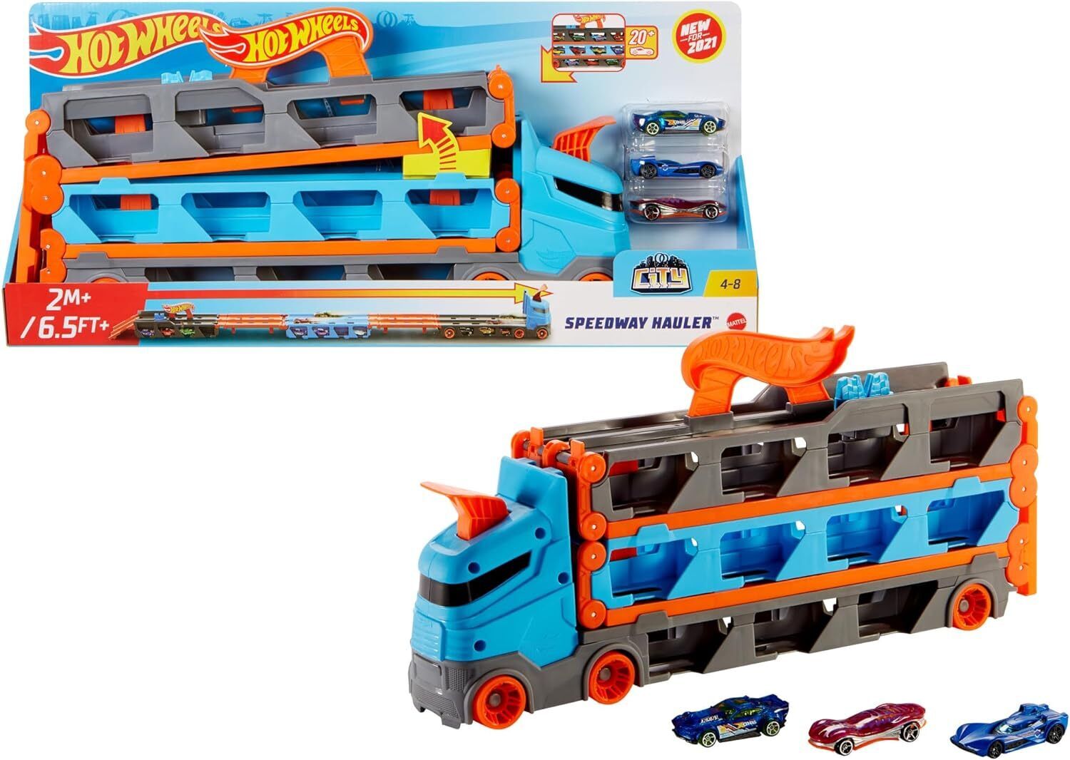 Hot Wheels - Camion Trasportatore 2 in 1, e Pista con 3 Auto...