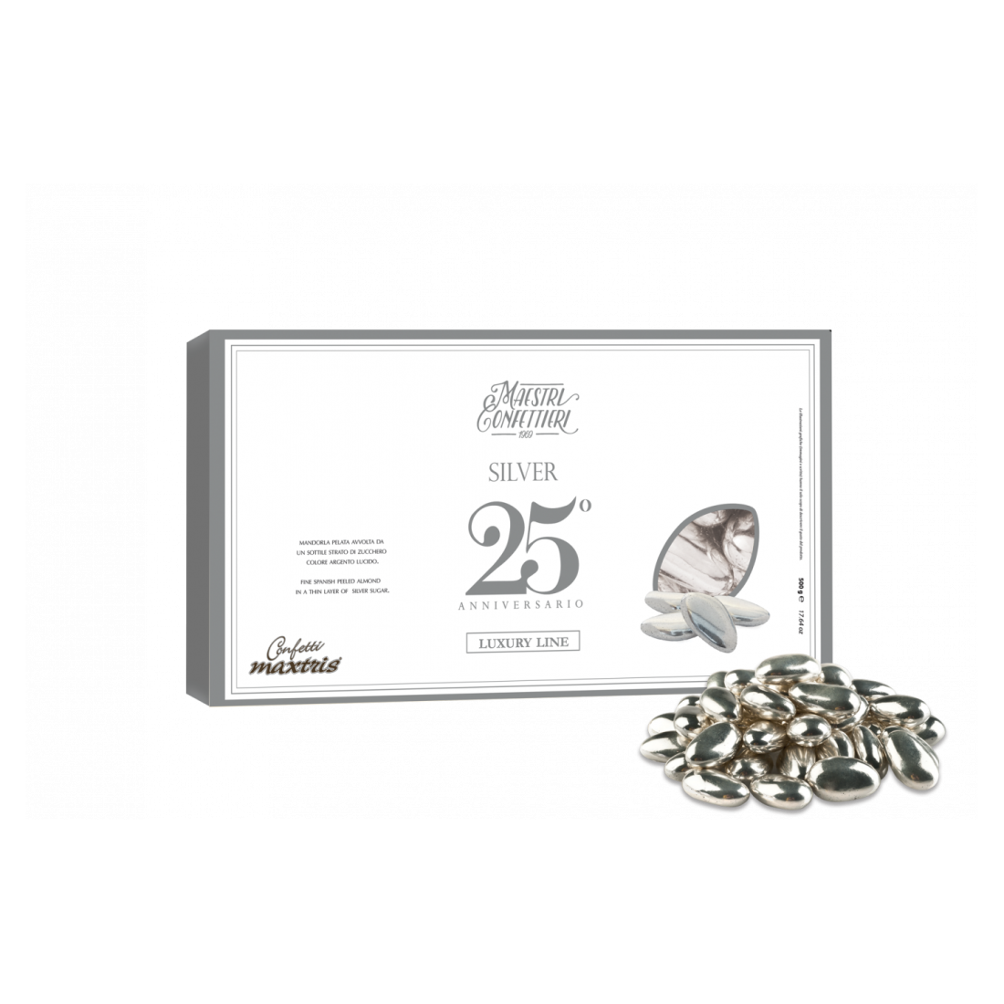 MAXTRIS | CONFETTI ITALIANI DI MANDORLA LUXURY LINE 500 GR | NOZZE D'ARGENTO ARG