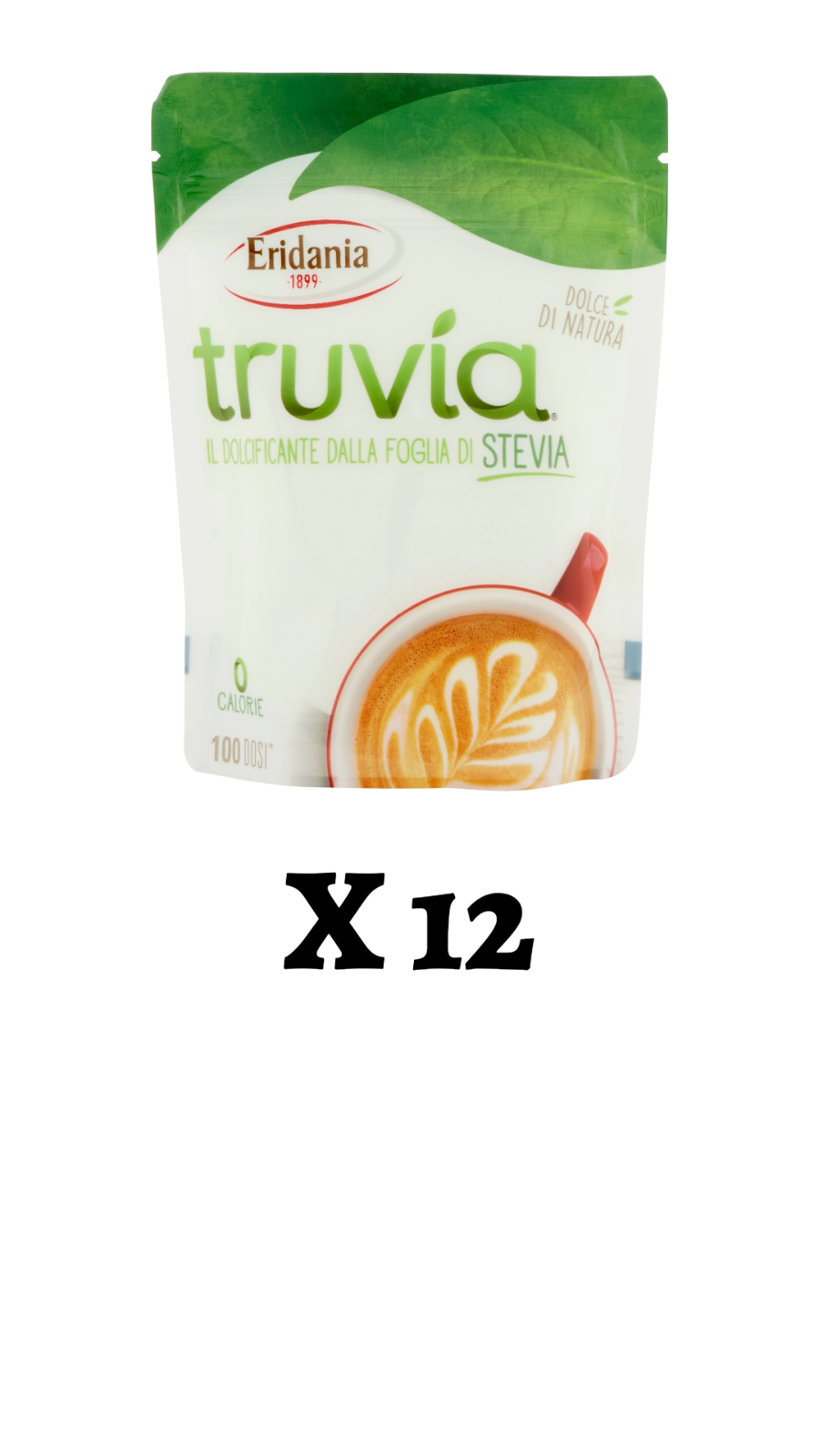 12 pezzi Dolcificante Truvia Eridania Foglia di Stevia Bustina Doypack da 150 g