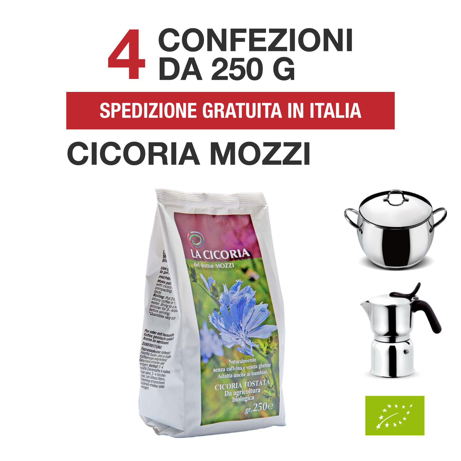 Cicoria biologica del Dottor Mozzi macinata per Moka 4x250 g - GLUTEN FREE