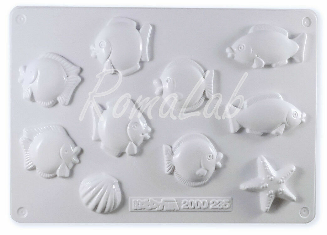 Stampo da 10 formine per 6 pesci conchiglia 3d tema marino gesso ceramico