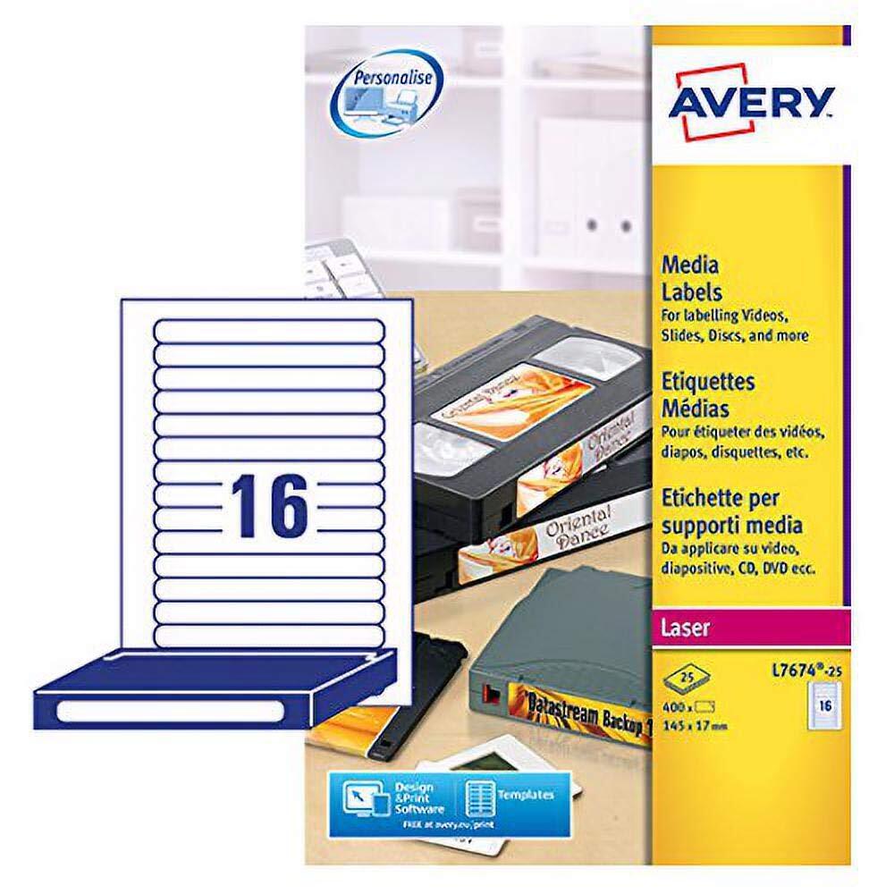 Avery L7674-25 Self-Adhesive Video Spine/Data Storage Labels, 16 Labels Per A4 S