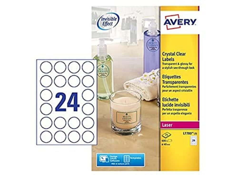 Avery L7780-25 Self-Adhesive Crystal Clear Transparent Round Labels, 24 Labels P