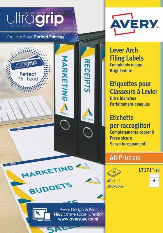 Lever Arch Labels Laser, 200x60mm, White, 4 Labels per Sheet 40 Labels per Pack