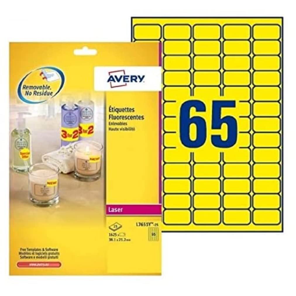 Avery L7651Y-25 Self-Adhesive Removable Neon Yellow Labels, 65 Labels Per A4 She