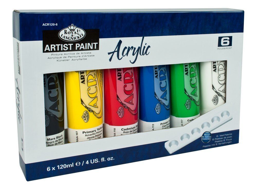 6 X 120ml Tubetti Di Acrilico Artista Pittura Colori Assortiti & Palette