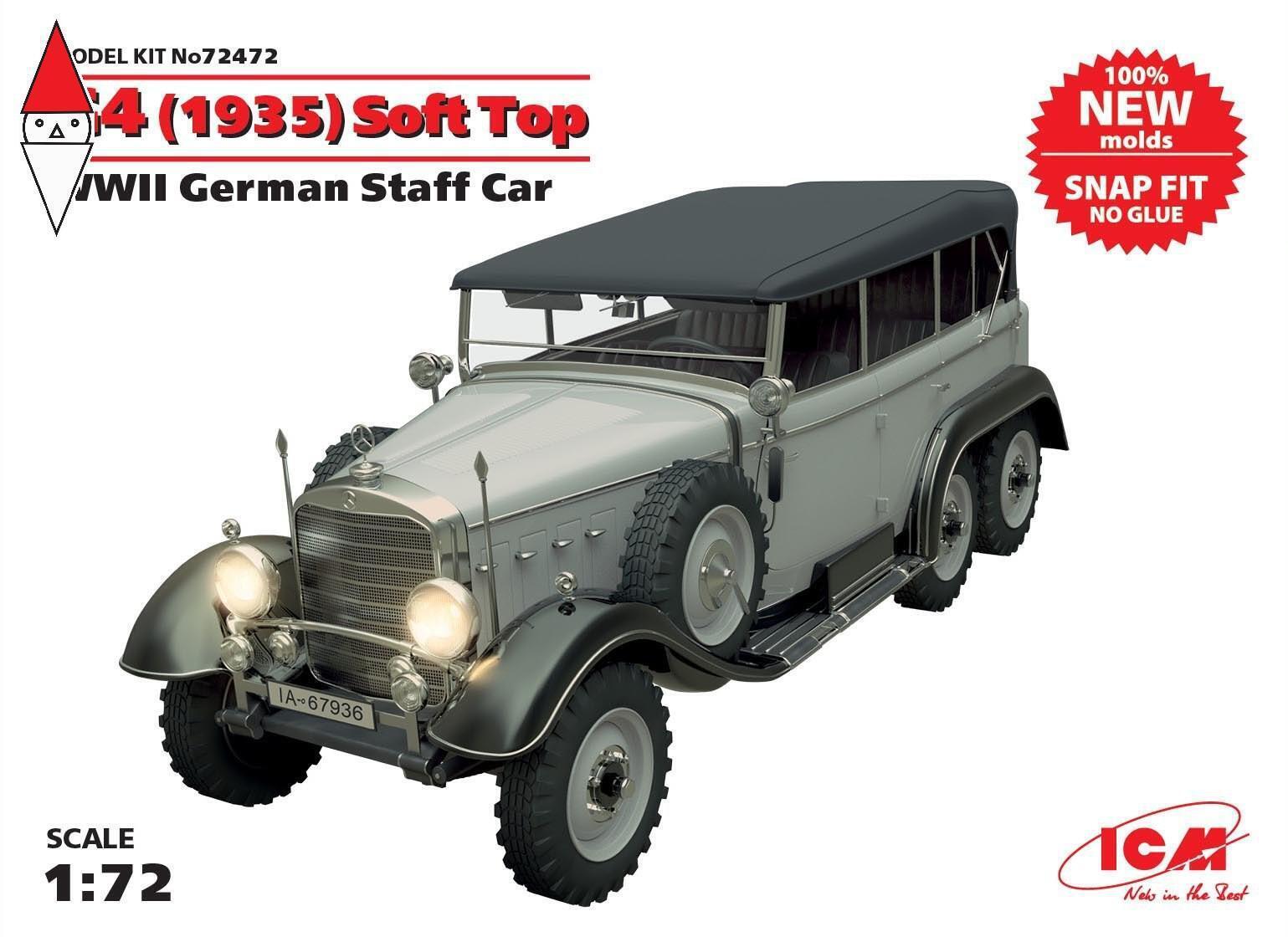ICM 1/72 G4 (1935 PRODUCTION) SOFT TOP WWII GERMAN STAFF CAR SNAP FIT/NO GLUE